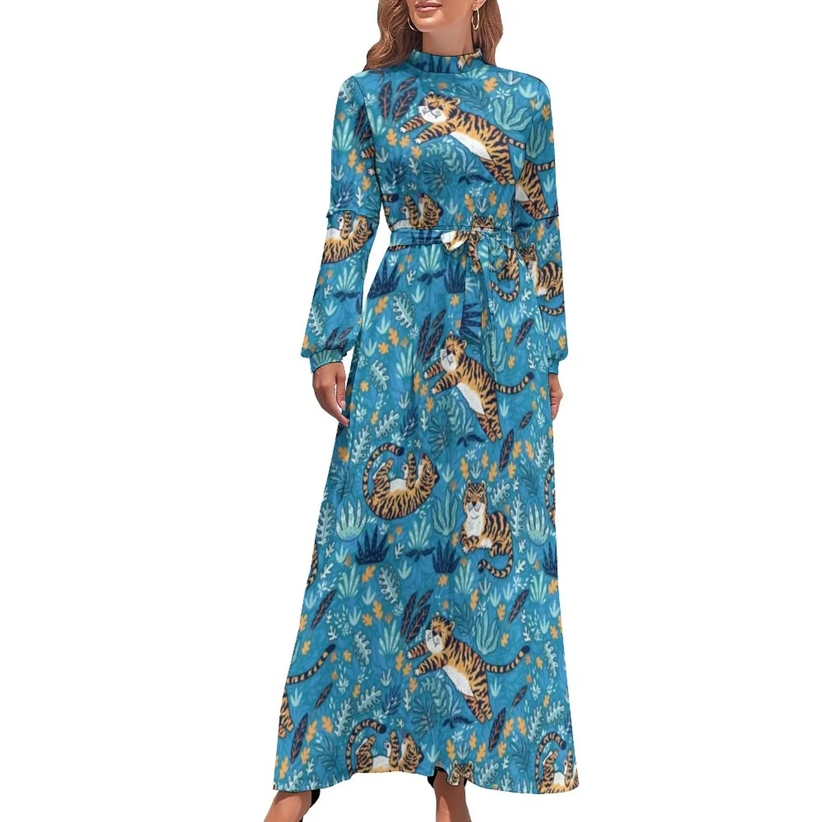 

Wild Tiger Dress Jungle Leaf Print Vintage Maxi Dress Street Style Beach Long Dresses High Neck Graphic Vestidos