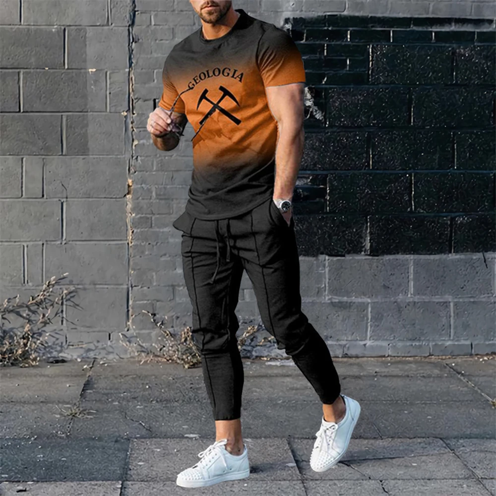 Summer Tracksuits Men's Suit Casual Trousers Set Print Stripe Short Sleeve T Shirt Round Neck Men Clothing 2 Piece Outfits 5