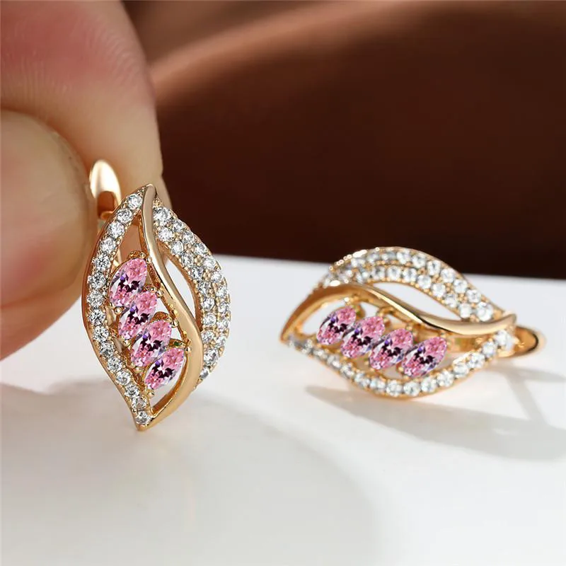 Cute Female Gold Color Wedding Hoop Earrings Pink Zircon Crystal Small Stone Leaf Wedding Jewelry For Women