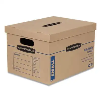 

Bankers Box SmoothMove Classic Small Moving Boxes, 15l x 12w x 10h, Kraft/Blue, 10/Carton