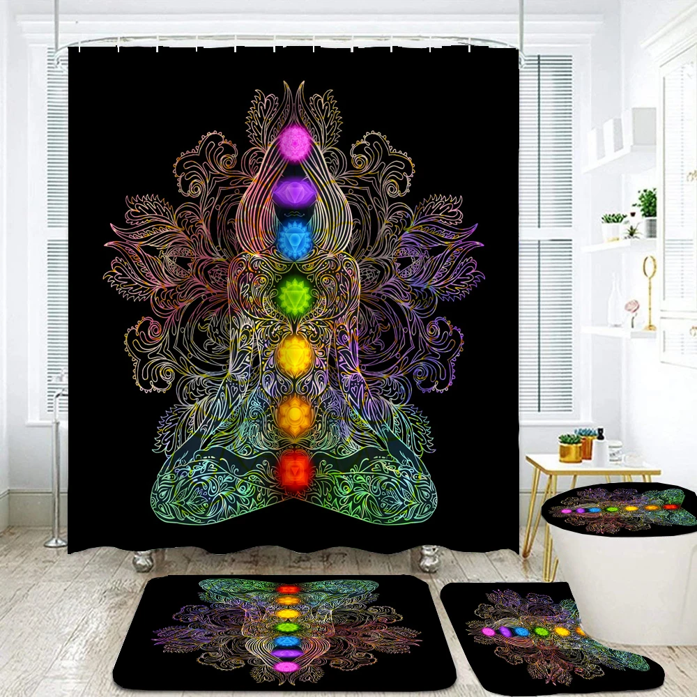 

Bohemian style Printed Shower Curtains Set Yoga Meditation Bathroom Curtain with Hooks Toilet Lid Cover Bath Mat Non-slip Rugs