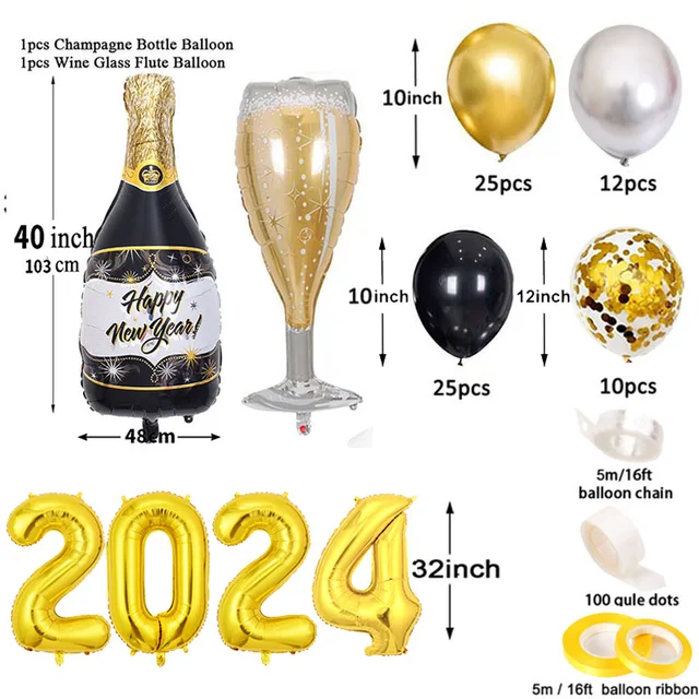 블랙 골드 와인 병과 호일 풍선으로 홈 크리스마스 이브 파티를 특별하게 만들어보세요!