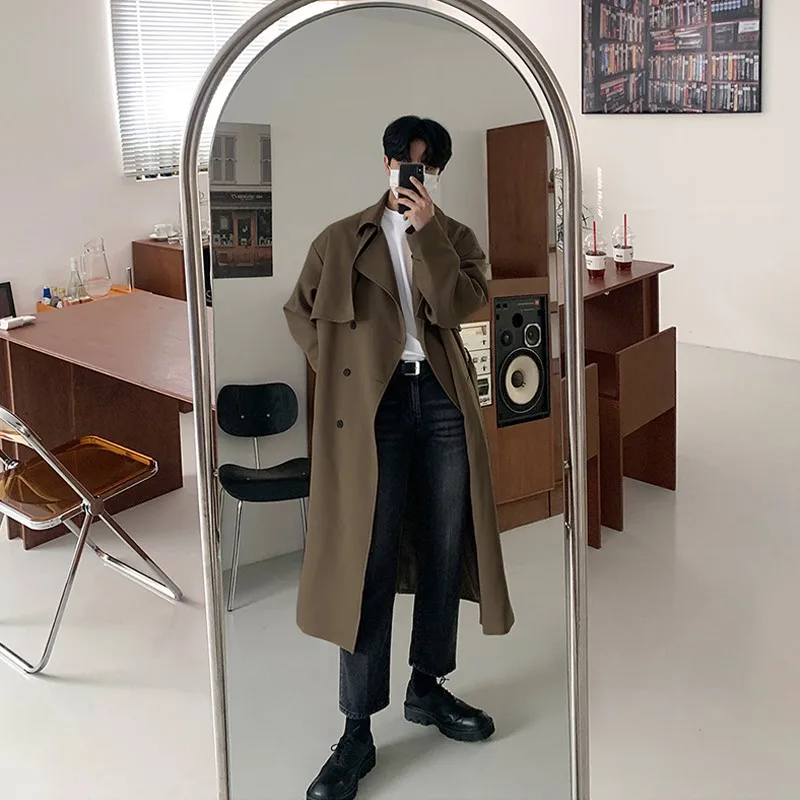 Men Trench Coat British Style Solid Double Breasted Oversize Leisure Long Windbreaker Korean Style