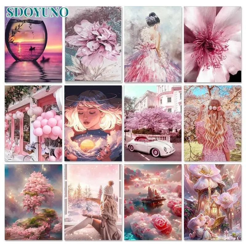 

SDOYUNO DIY Frame Painting By Numbers Handpaint Pink Series Landscape Figure Oil Paint By Numbers For Diy Gift Home Decor