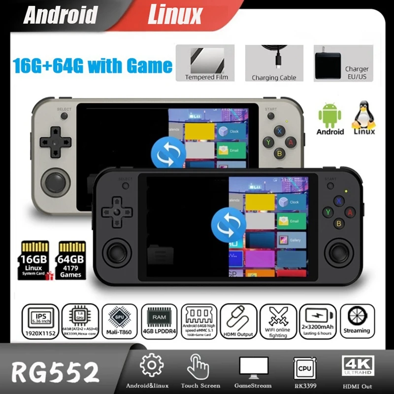 

RG552 Retro Video Game Console 16G+64G 5.36 Inch IPS 1920X1152 Dual Systems Android Linux Pocket Game Player