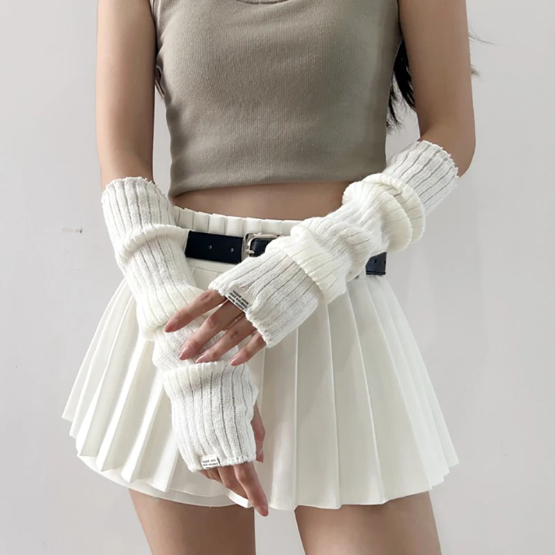 Fingerless Gloves Spring Knitted Arm Warmers Long Sleeve Fingerless Gloves Harajuku Girls Punk Gothic Accessories Mittens Wrist Warmers
