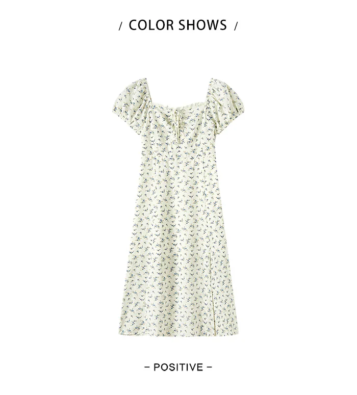 Dress Women Split Bubble Sleeve Medium Long Dress Summer New Square Neck Chiffon Floral Dress Romantic Elegant
