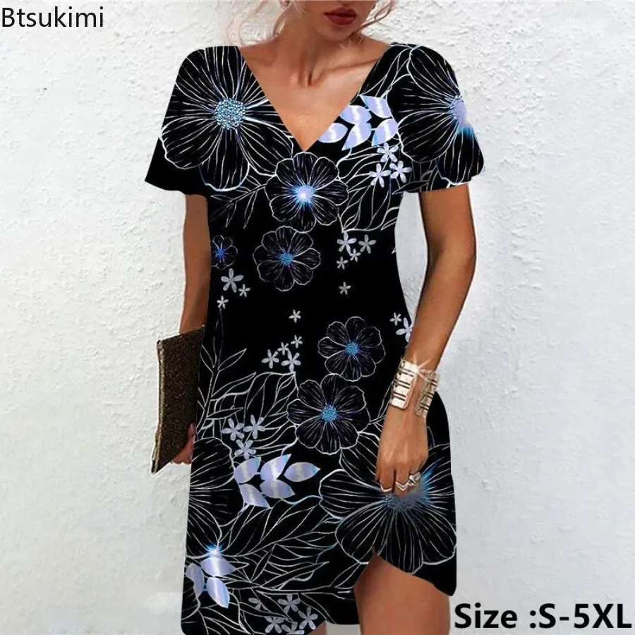 

New 2024 Women's Summer Floral Printing Short Sleeve Skirt Dress V-Neck Knee-length Casual Loose Dress Oversized Vestidos S-5XL