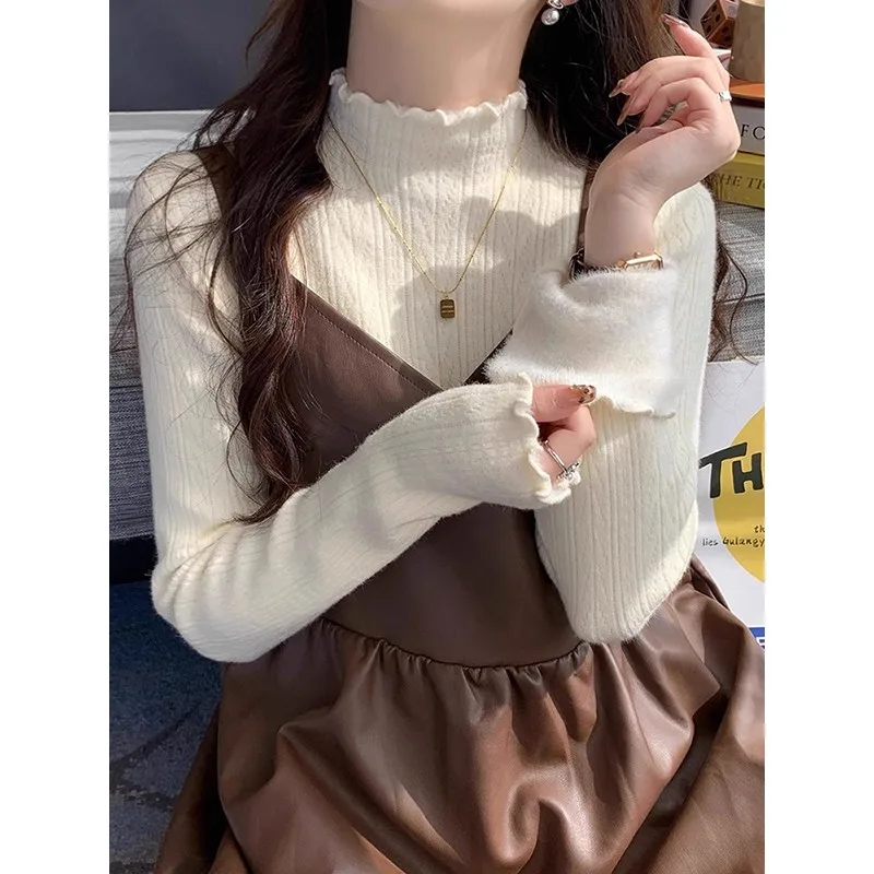 Semi-turtleneck Solid Color Sweater Women's 2025 New Winter Plush Autumn and Winter Integrated Plush Knitted Bottoming Shirt Top