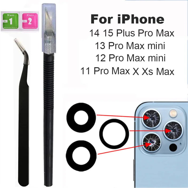 1 Set Camera Lens For iPhone Xs 11 12 13 mini 14 15 Plus Pro Max Rear Camera Repairing Parts With 3m Glue & Tools