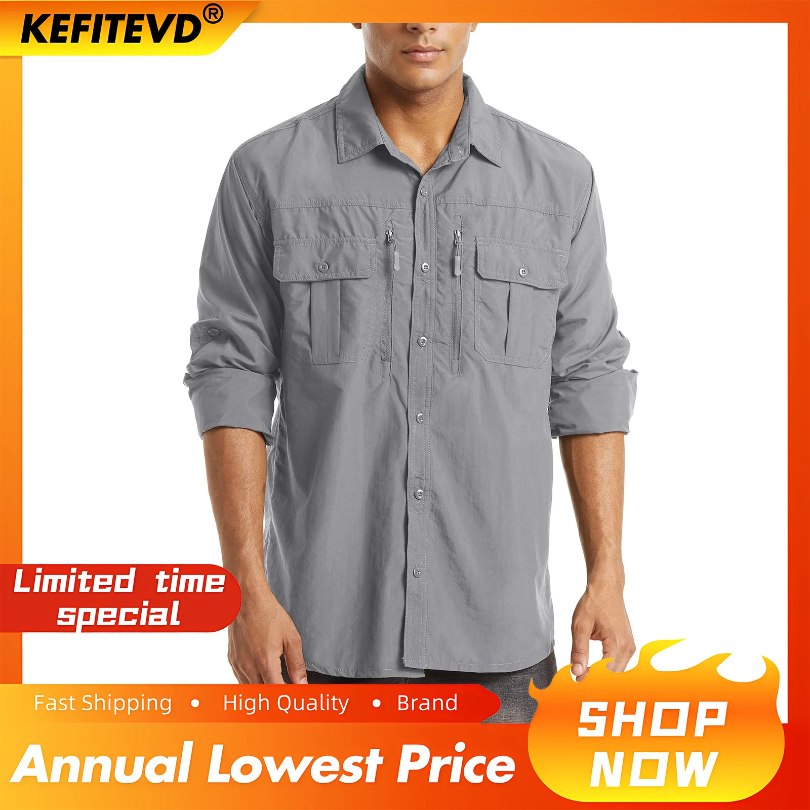 Fishing Shirts Men's Hiking Long Sleeve Zipper Chest Pocket Lightweight Camping Trekking