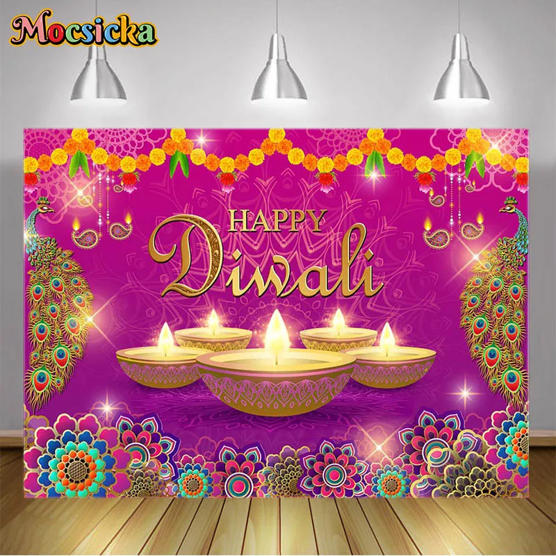 

Mocsicka Happy Diwali Photography Backdrop Festival Of Lights Backgrounds For Photo Studio Gold Lotus Party Decor Props Banner