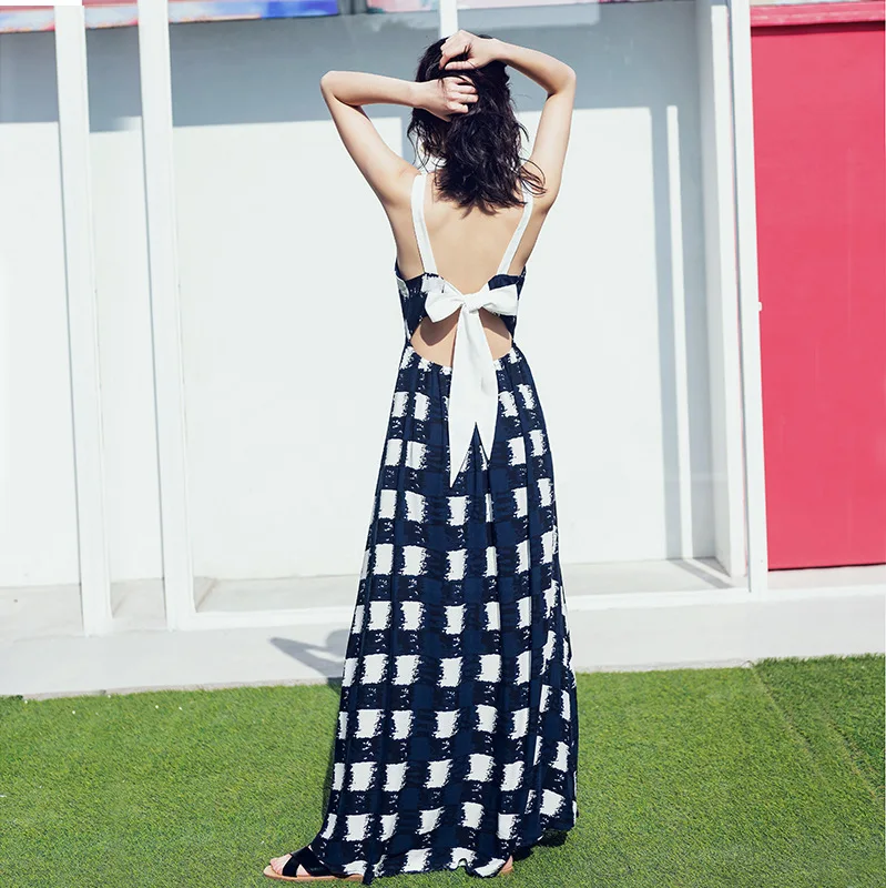 

Sweet Plaid Fairy Hollow Backless Strap Dress 2024 Summer Oversized Beach Blue Dress Elegant Vestido Boho Vacation Long Dress
