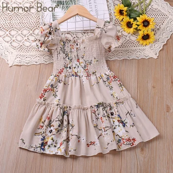 Humor Bear Girls Dress Summer Puff-Sleeve Flower Printed Princess Dress Sweet Toddler Clothes For 2-6Y 1