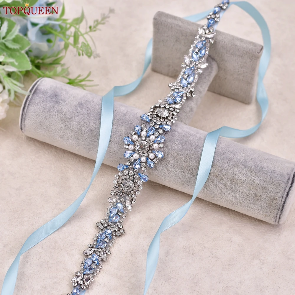 Bridal Belt TOPQUEEN Fashion Diamond Light Blue Rhinestone Patch Bridal Accessories Important Occasion Dress Belt S351-QL