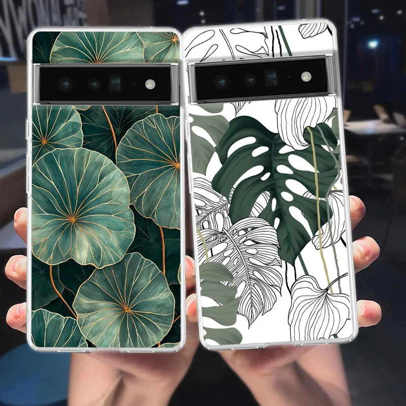Clear Soft TPU Phone Case with Monstera Green Leaf Design