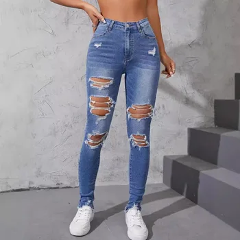 Washed Ripped Skinny Jeans Women's Spring and Fall New Fashion Street High-waisted Jeans Casual Small Leg Pants Pencil Pants