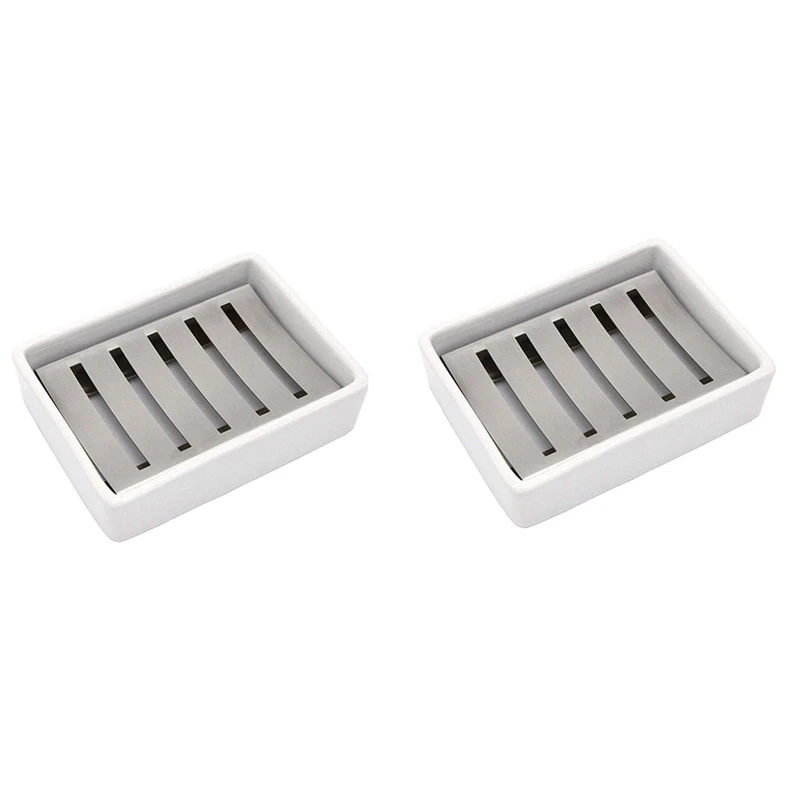 

2X Ceramic Soap Dish Stainless Steel Soap Holder For Bathroom And Shower Double Layer Draining Soap Box