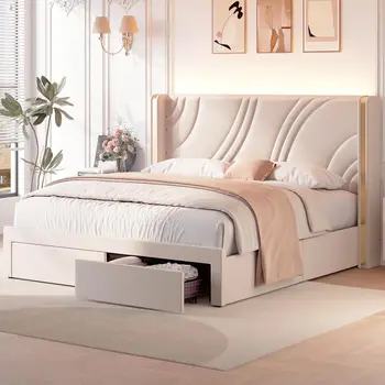Upholstered Bed with Storage Drawers Velvet LED Platform Bed Frame with Wingback Headboard Lights for Bedroom No Box Spring Need