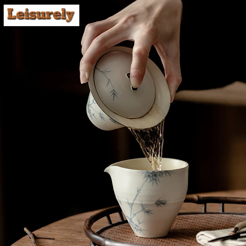 150ml Hand-painted Ink Bamboo Gaiwan Aesthetic Pink Yin White Horseshoe Tea Tureen Tea Maker Cover Bowl Chinese Set Craft