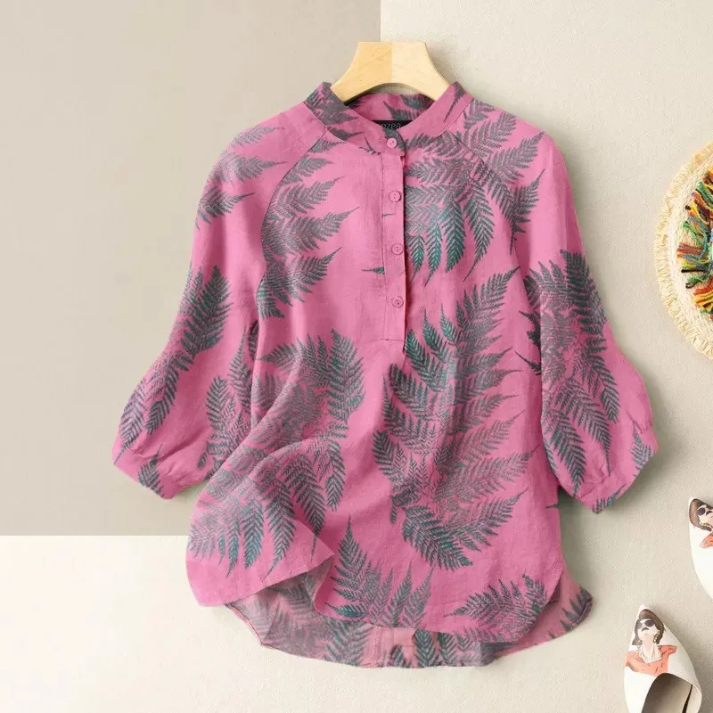 

2024 Oversize Cotton Linen Blouse Vintage Leaf Print Button Tops Women Fashion 3/4 Sleeve Blusas Female Boho Elegant Tunic Shirt