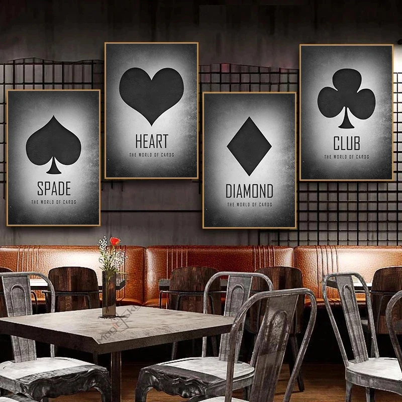 하트 스페이드 다이아몬드 클럽 포커 아트 플레잉 카드 캔버스 포스터 및 프린트 벽 아트 그림, 클럽 바 거실 홈 데코