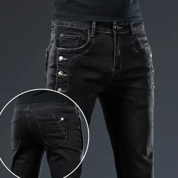 2024 New Men Slim Black Grey Skinny Jeans Classic Korean Vintage Fashion Solid Color Stretch Multi-button Youth Male Denim Pants 1