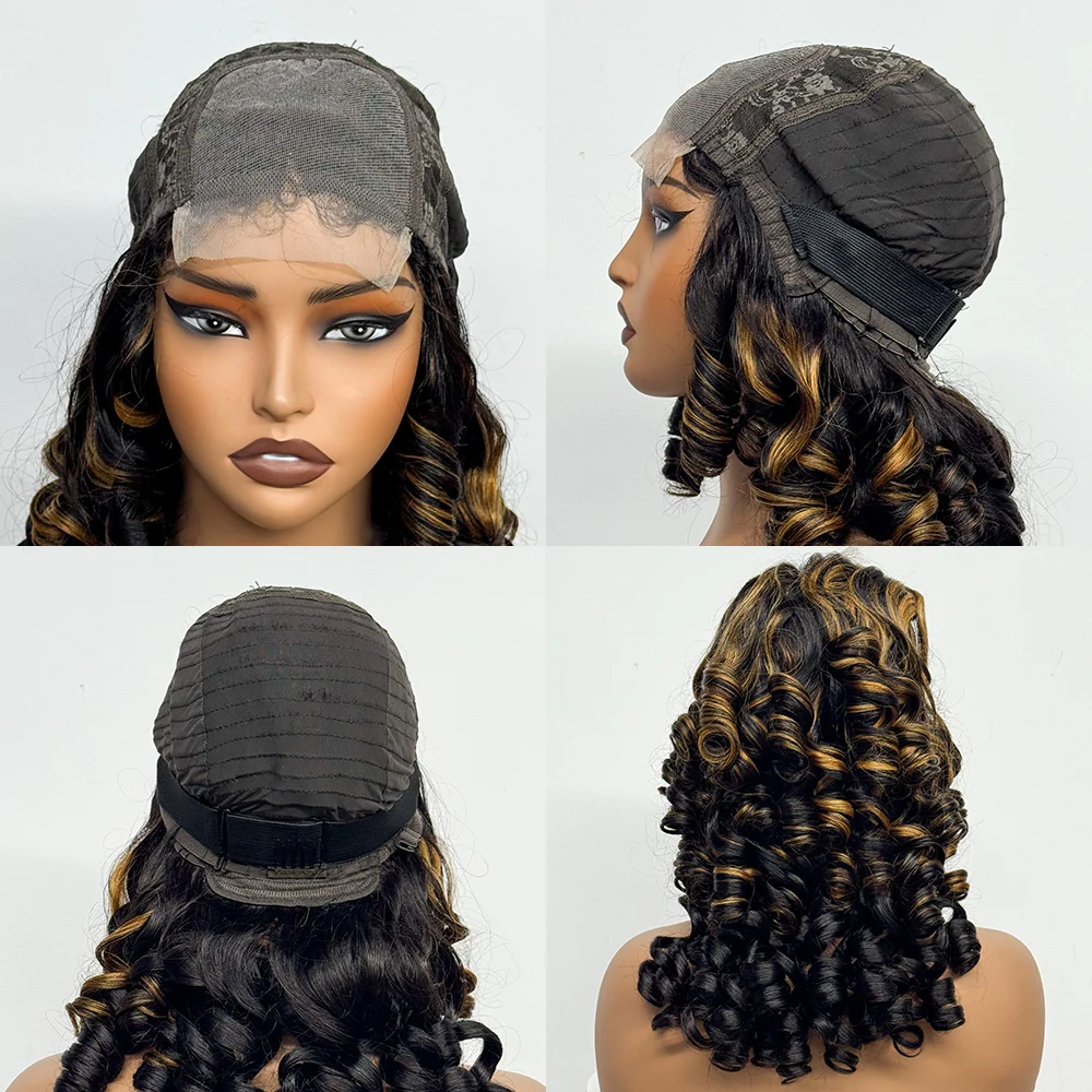 300% Density 4x4 Transparent Lace Closure Loose Bouncy Wave Wavy Curly Human Hair Wig for Black Women Highlight Color