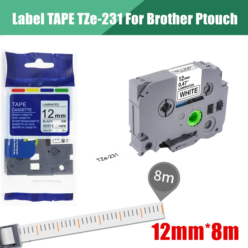 1~10PK tze231 TZE-231 Label TAPE For Brother PT-D210 PT-H110 PTD600 PTD400AD Label Makers,Black on White 12mm*8m