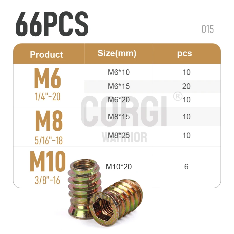 Description Picture 3 of itemThreaded Inserts 40-170 1/4-20 5/16-18 3/8-16 M6 M8 M10 Pieces Wood Insert Nut Steel Assortment Kit for Woodwork Furniture Screw
