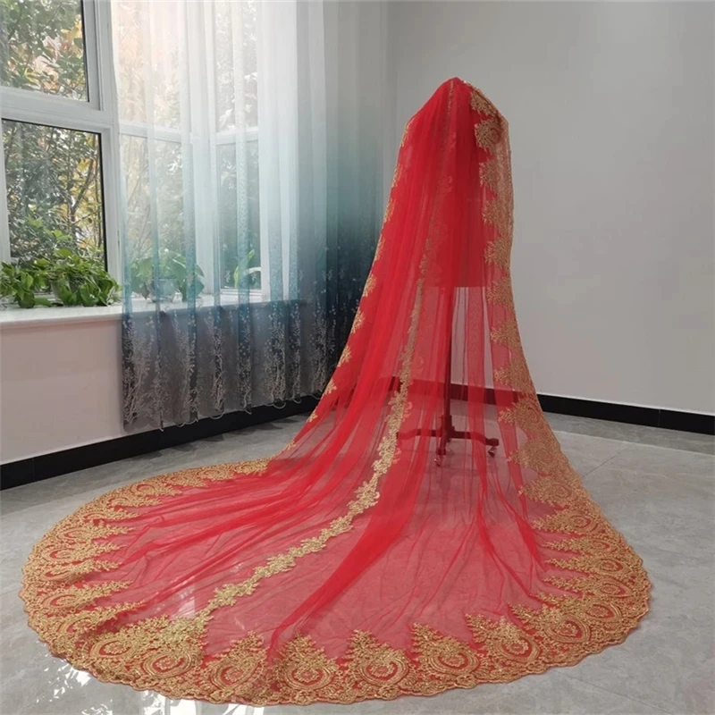Real Gold Lace Bridal Veils Red Tulle With Comb Single Layer Cathedral Long Colored Wedding Veil