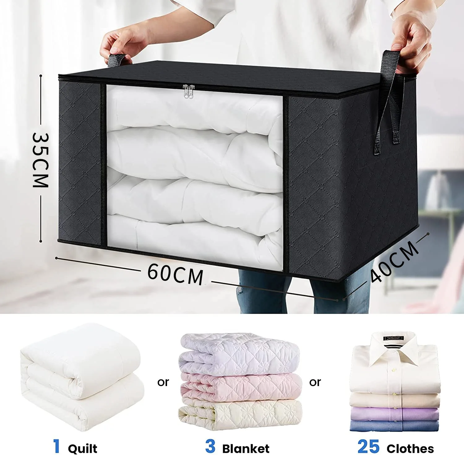 4 stackable clothing storage bags, used for organizing bedrooms, closets, home organizing and storage with covers, gray, black 4