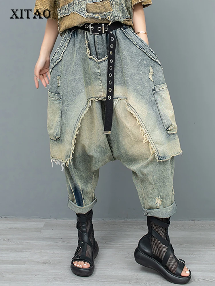

Брюки XITAO DMJ4083 женские с большими карманами, повседневные свободные однотонные штаны с эластичным поясом, в стиле пэчворк, на весну