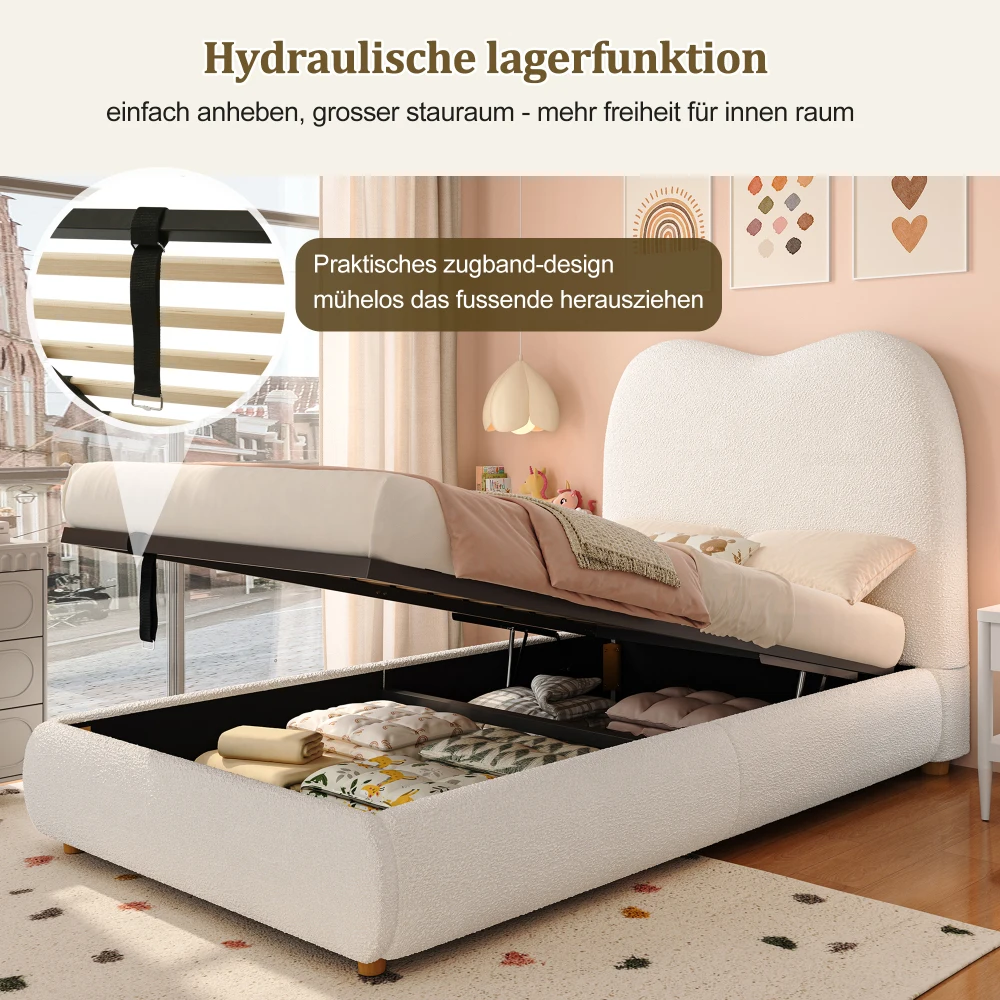90 x 200 cm modernes Polsterbett, Babybett, hydraulisches Funktionsbett, Bett mit Gitterrost, Kopfteil und großem Stauraum – Detail 8