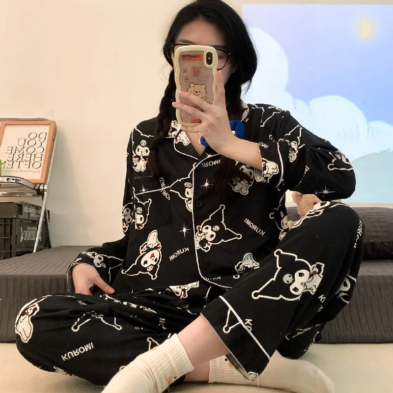 

Новинка, пижама с героями мультфильмов Sanrio Kuromi, Женская милая Пижама с широкими рукавами, красивая кавайная аниме Домашняя одежда на весну и осень, костюм