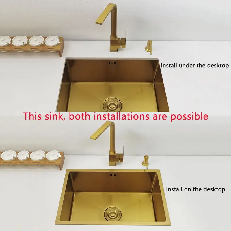 Gold Kitchen Sink 304 Stainless Steel sinks Above Counter or Undermount Installation Single Basin Bar Sink Golden Washing Basin 5