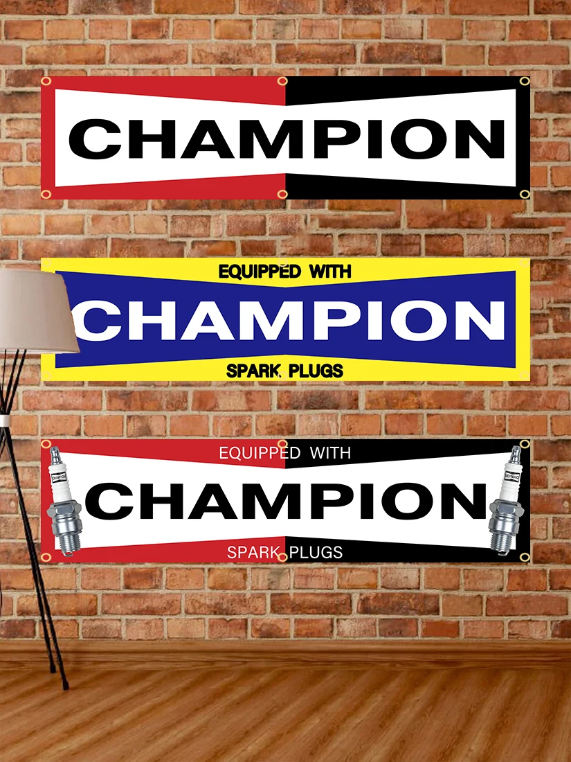 Description Picture 2 of item60X240cm Champions Spark Plugs Banner Flag Polyester Printed Garage or Outdoor Decoration Tapestry