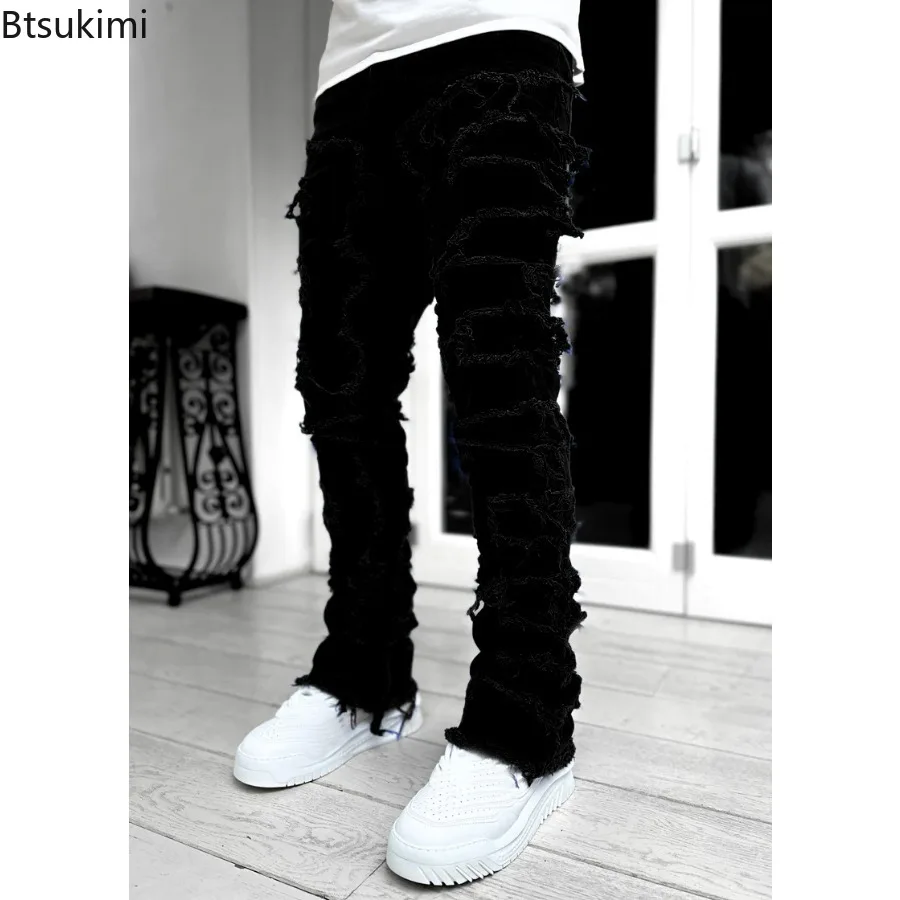 2023 Fashion Hollow Out Ripped Men's Jeans Streetwear Y2K Style Patchwork Design Straight Denim Trousers for Men Stretch Jeans