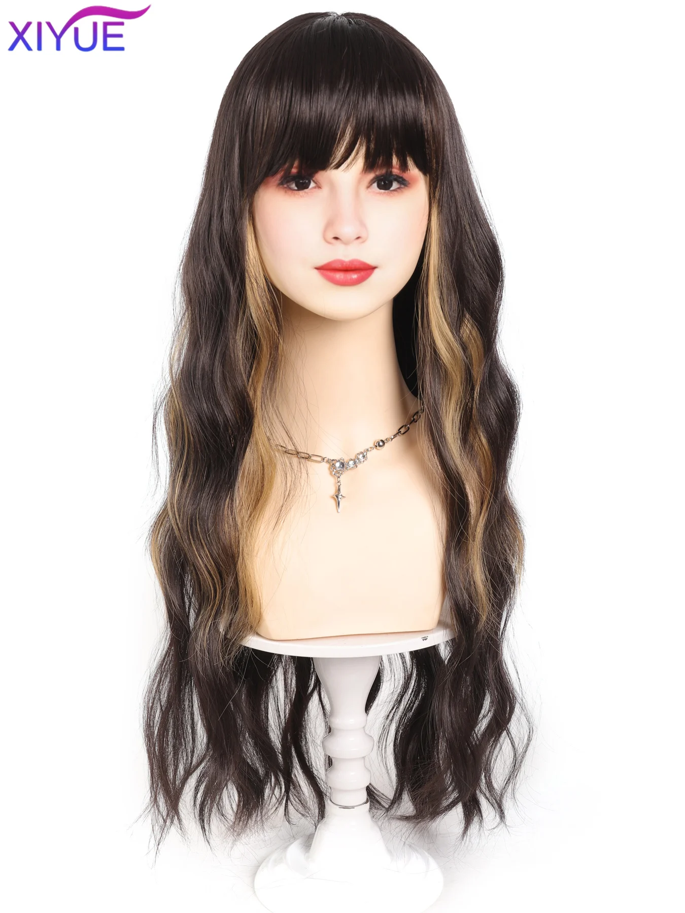 XIYUE Ombre Brown Synthetic Long Wavy Wig with Fluffy Bangs for Women Natural Hair Brown Blonde Highlight Wigs for Daily Cosplay