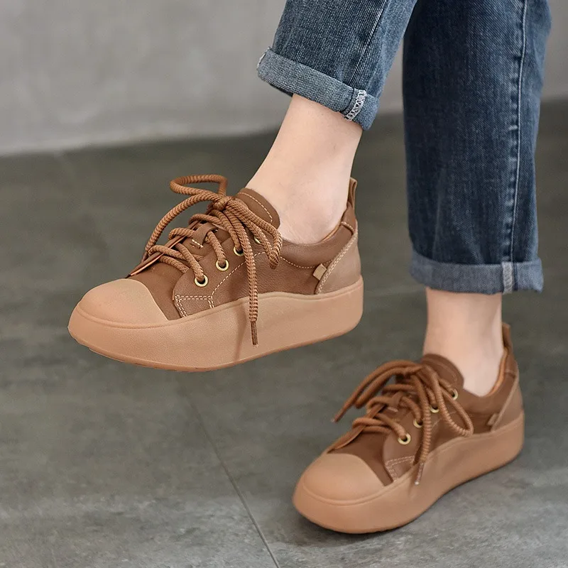 

Birkuir Genuine Leather Thick Heel Vulcanized Shoes For Women Luxury Lace Up Flats Sports Sneakers Ugly Platform White Shoes