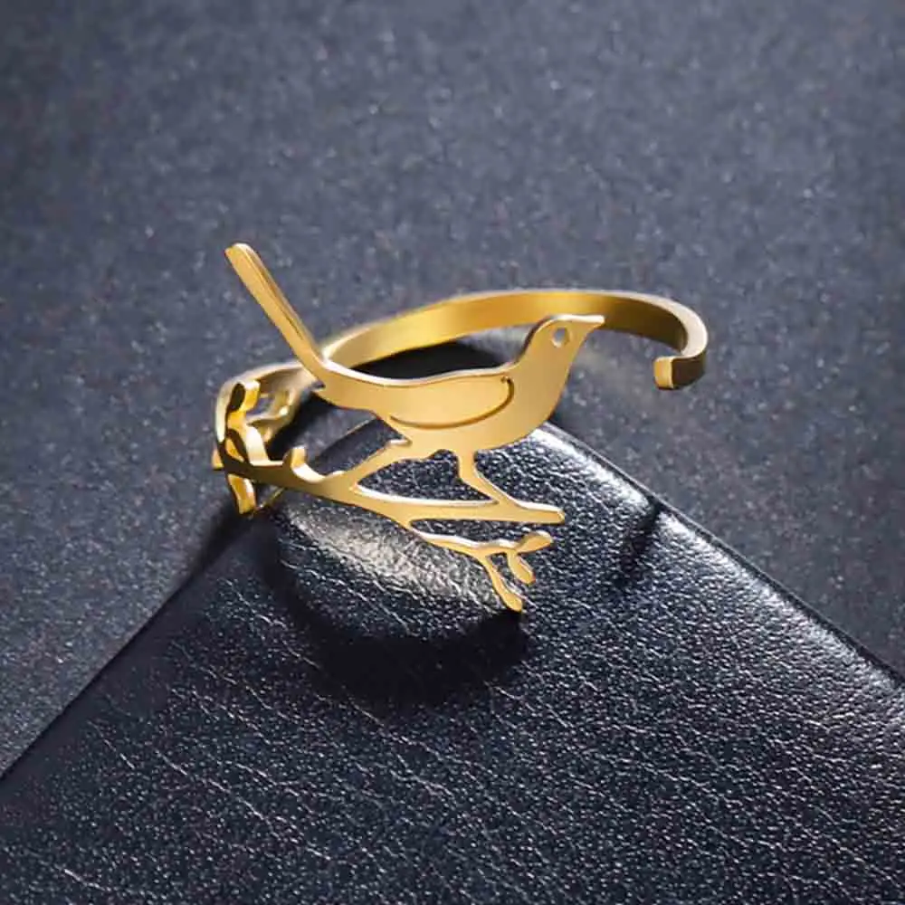 My Shape Bird and Branch Animal Finger Ring Hummingbird Adjustable Stainless Steel Ring for Women Girls Gifts