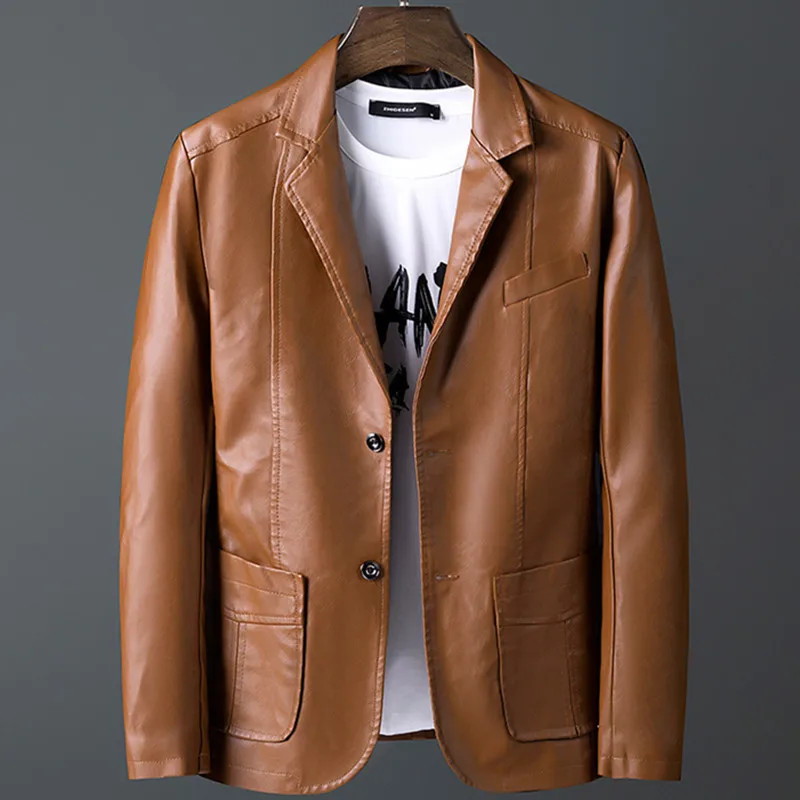 

2022 Spring Autumn Men's Fashion Casual Motorcycle Leather Coat / Male Slim Fit Solid Colour Single Breasted Pu Suit Jacket