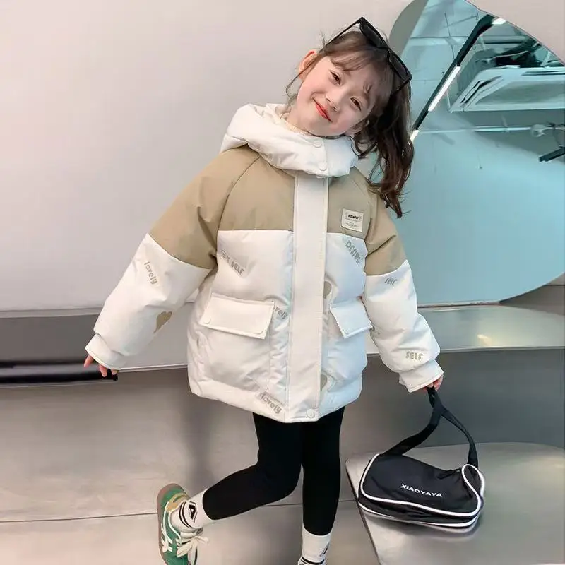 4-12세 여아용 다운 코튼 재킷 2025 신상 유행 겨울 아동용 두꺼운 컬러 블록 코트 키즈 파카 110-160cm