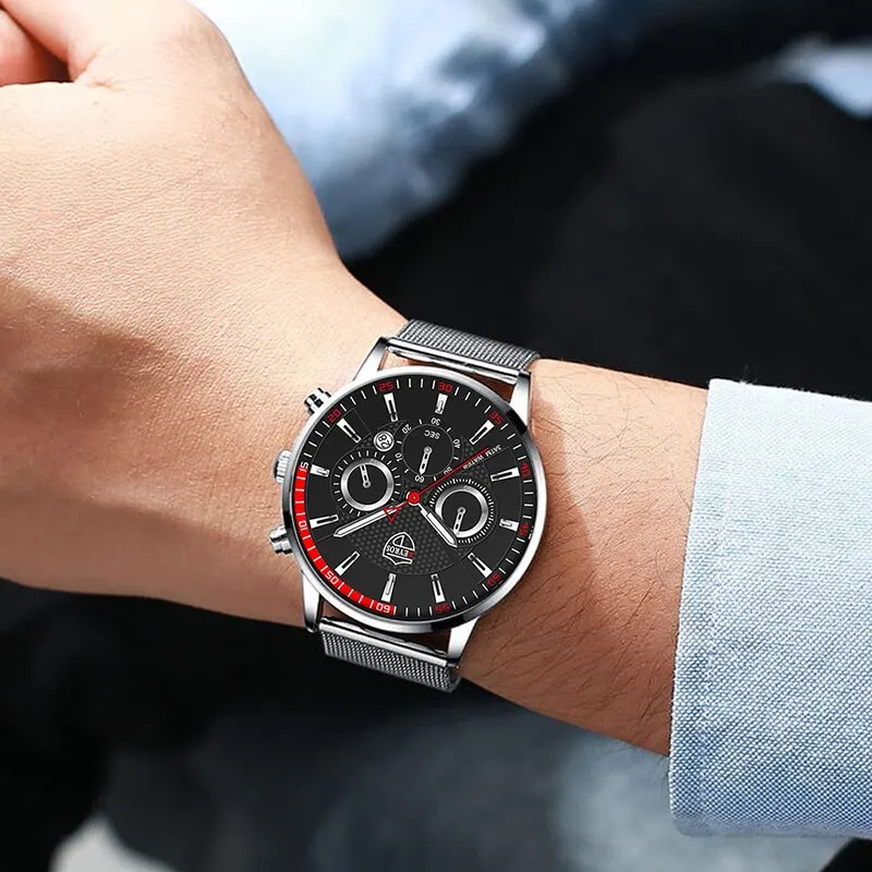 Men's Fashion Sports Business Casual Quartz Wrist Watch Luxury Silvery Mesh Belt Watch