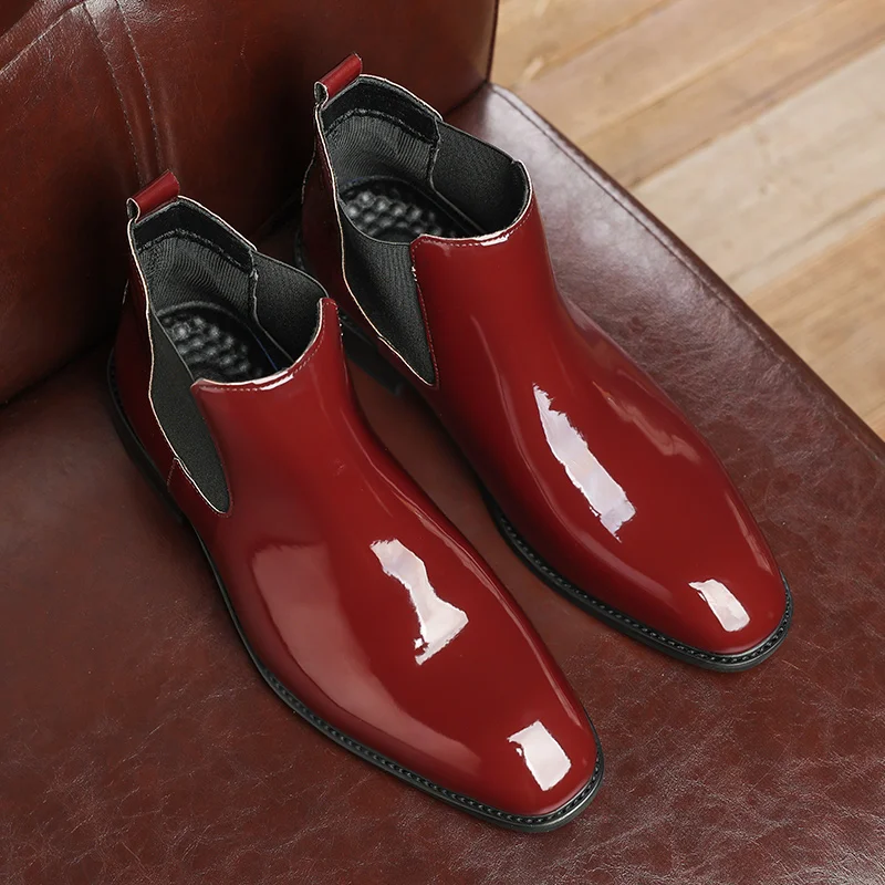 Chelsea Boots for Men Patent Leather Black Buckle Ankle Round Toe Business Classic Handmade Men Short Boots Botas De Hombre