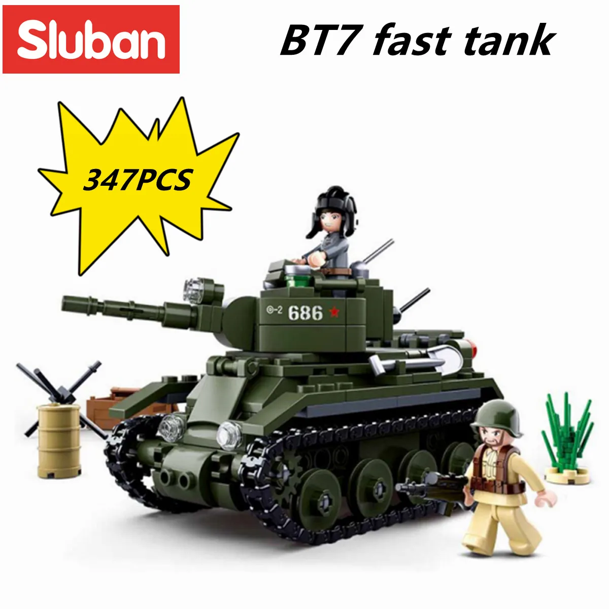 Sluban Building Block Toys WW2 Army BT7 Fast Tank 347PCS Bricks B0686  Military Construction Compatbile With Leading Brands