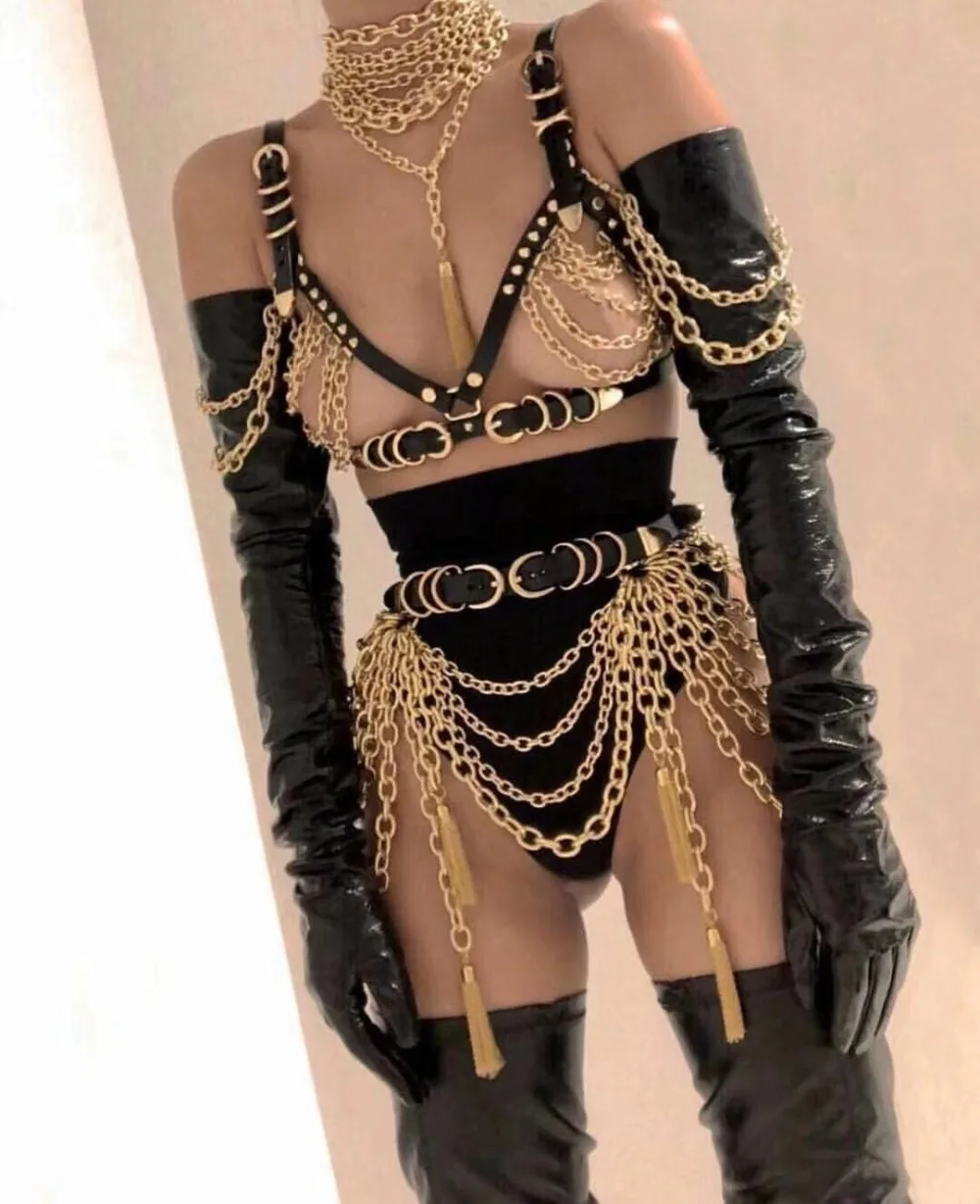 

Performance Costume Punk Leather Rivet Chain Tassel Pendant Body Chains Sexy Stage Wear Pole Dance Nightclub Clothing