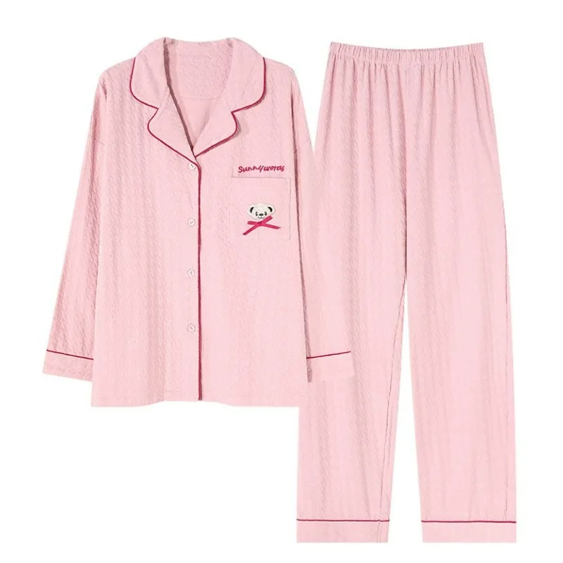 Spring Autumn Women Pure Cotton Pajamas Female Large Size Sweet Cardigan Long Sleeve Pants Homewear Suit Casual Simple Sleepwear