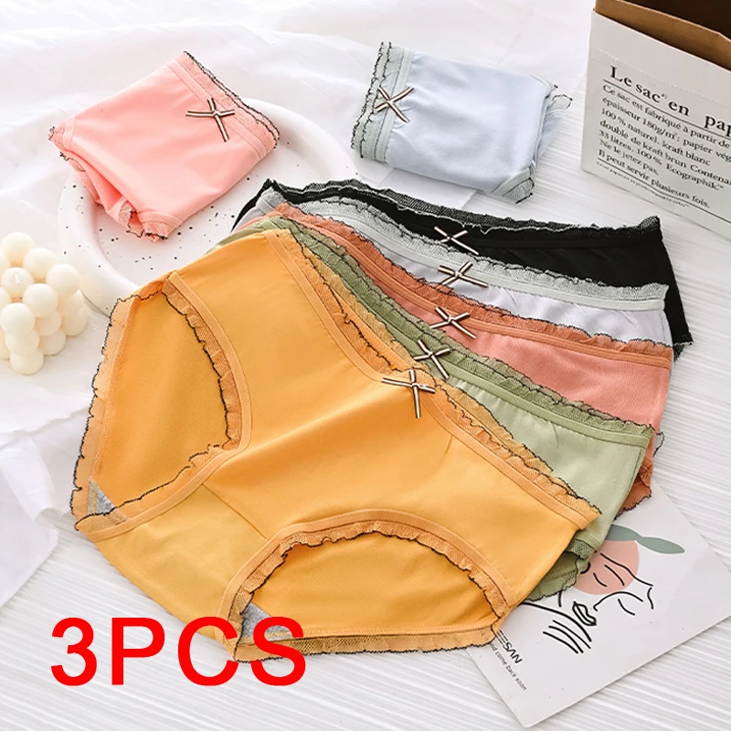 

3PCS solid color Intimate Underwear Soft Women's Panties Bow Tie Lace Briefs Mid-rise Breathable Butt Lift Female Sexy Intimates