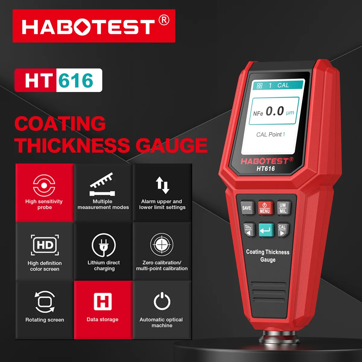 HABOTEST HT616 Car Coating Thickness Gauge 0-1500UM Car Film Paint Thickness Tester Measurement FE/NFE Manual Paint Tool